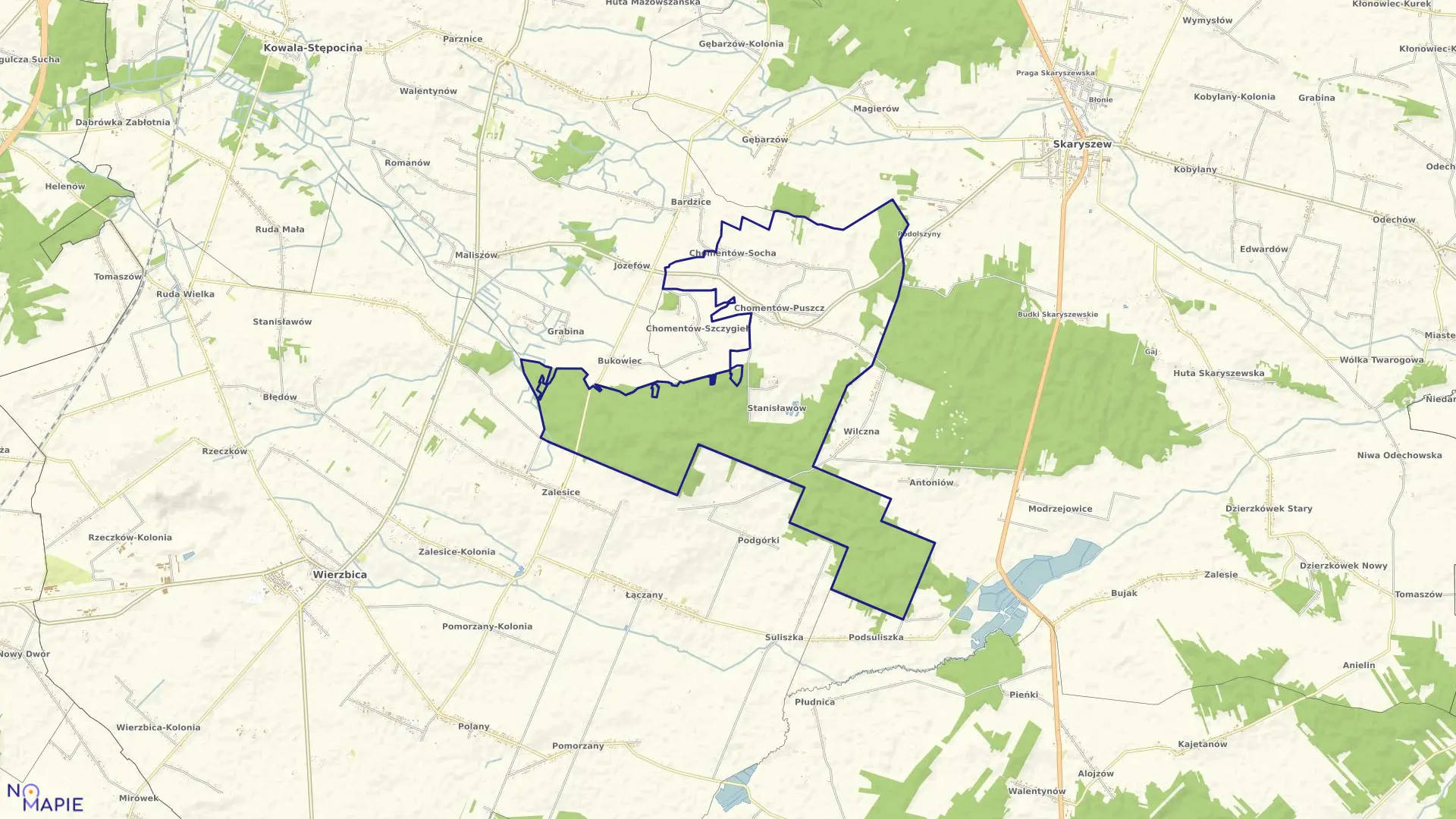 Mapa obrębu CHOMENTÓW PUSZCZ w gminie Skaryszew