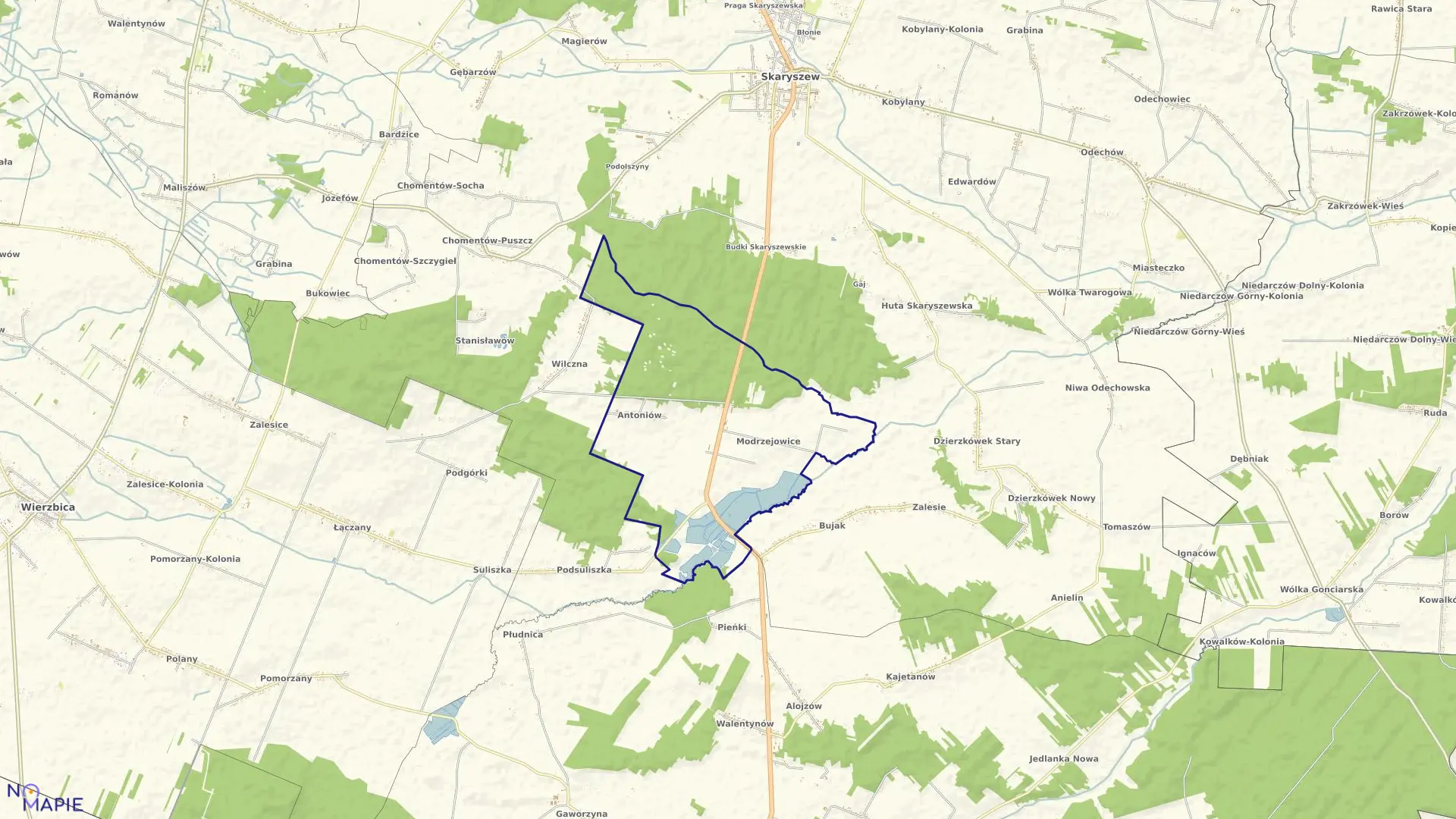 Mapa obrębu MODRZEJOWICE w gminie Skaryszew